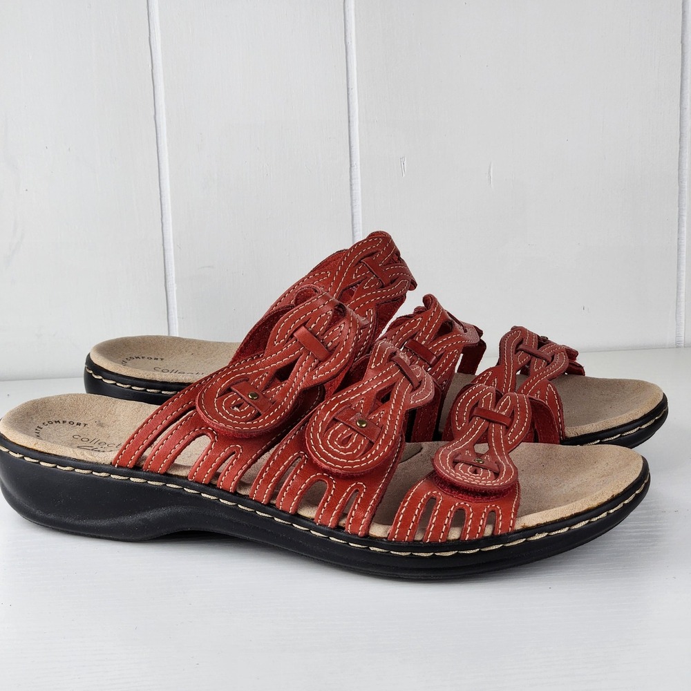 Clarks Collection Leisa Vine Red Leather Slide Sandals Women 10 W 261476565075
